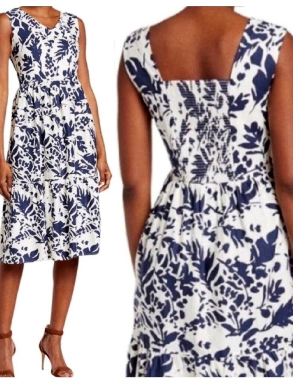 MAGASCHONI Midi Dress Bold Shadow Fauna Medium White Navy Sleeveless Linen Blend